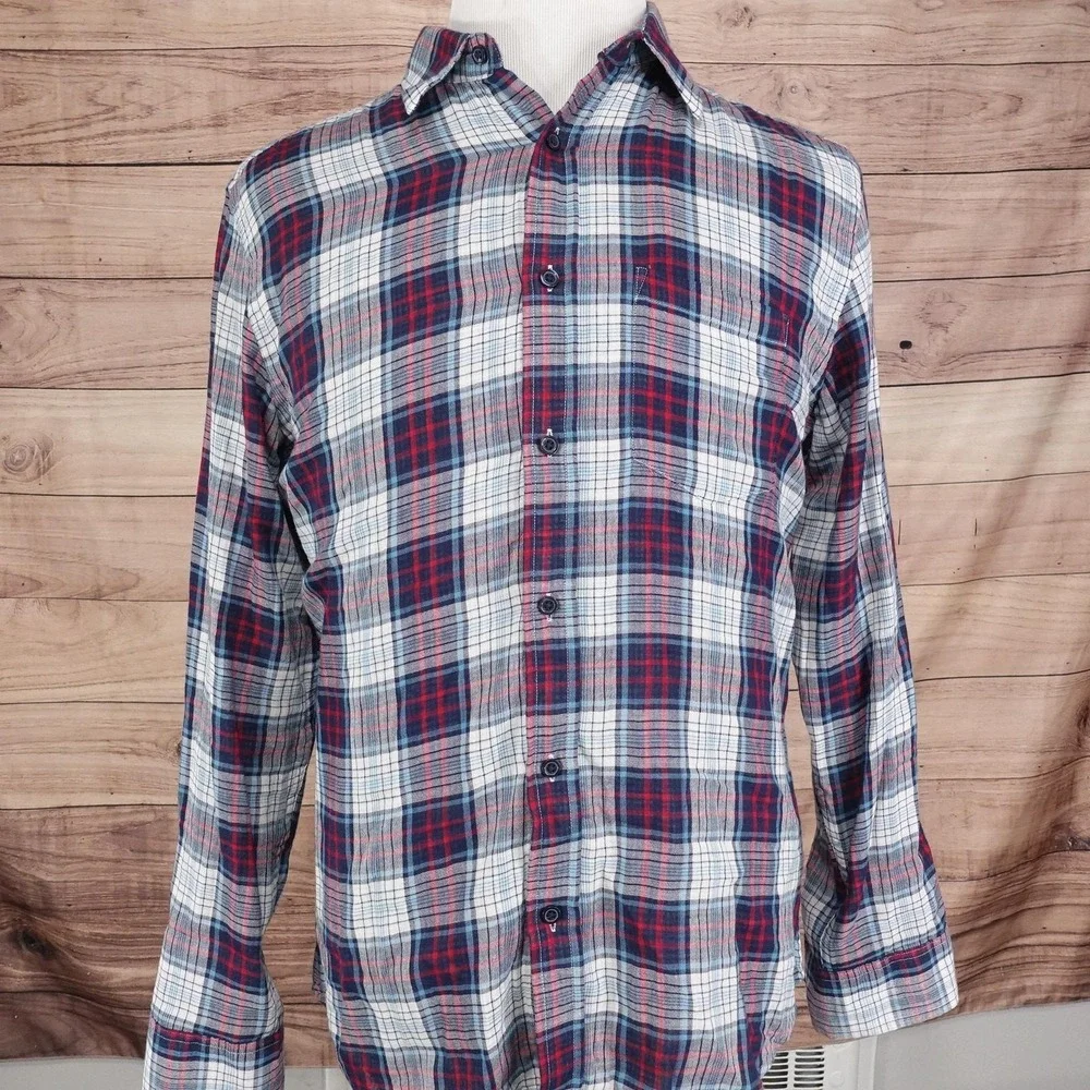 Banana Republic Standard Fit Shirt Mens Medium Blue Red White Plaid Button‎ Down